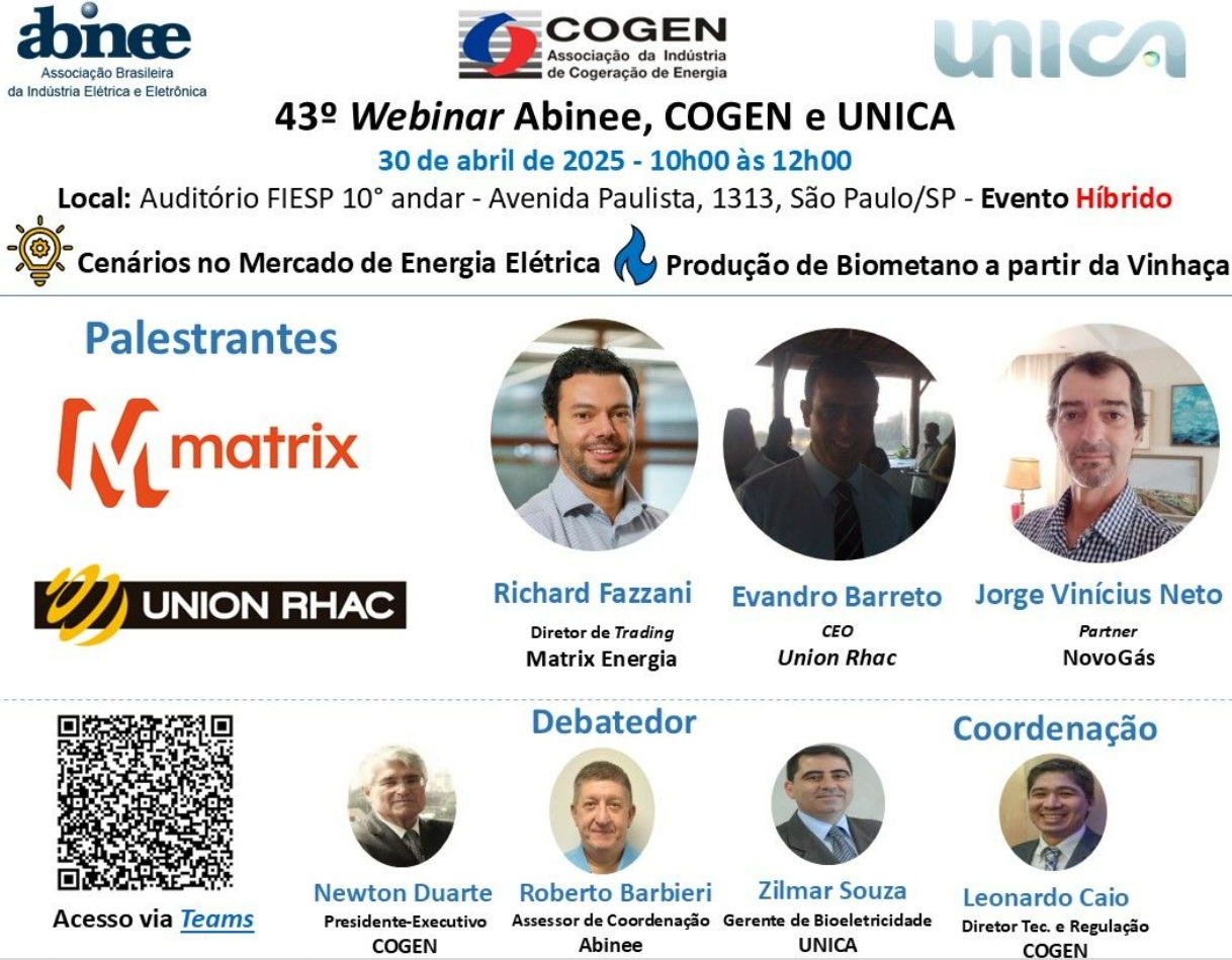 43° Webinar Abinee, COGEN e UNICA - Mercado de Energia Elétrica e Produção de Biometano